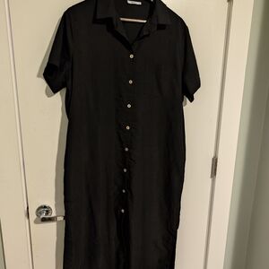 Zeagoo Elegant Black Button-Up Midi Dress